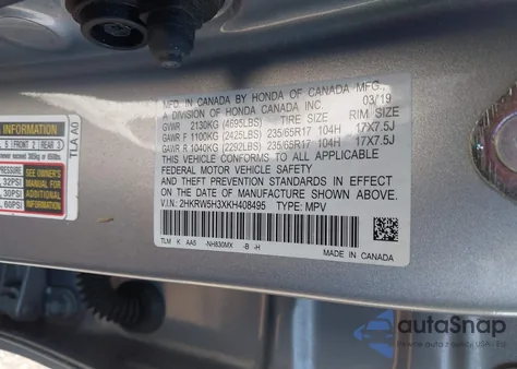 2019 Honda Cr-V Lx из США, поврежденный, VIN 2HKRW5H3XKH408495